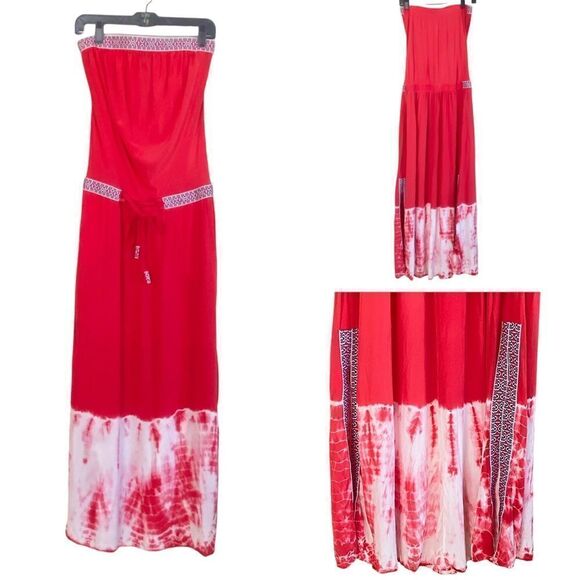Gypsy 05 Red Tie Dye Cairo 100% Silk Embroidered Strapless Maxi Dress Sz XS - Picture 1 of 15